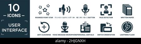 filled user interface icon set. contain flat rounded point star, round volume button, record voice button, face detection, written paper, anti clockwi Stock Vector