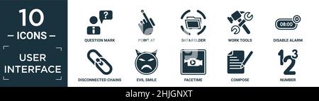 filled user interface icon set. contain flat question mark, point at, data folder, work tools, disable alarm, disconnected chains, evil smile, facetim Stock Vector