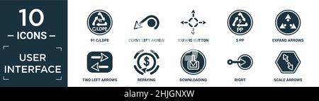 filled user interface icon set. contain flat 91 c/ldpe, curve left arrow, expand button, 5 pp, expand arrows, two left arrows, repaying, downloading, Stock Vector
