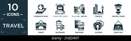 filled travel icon set. contain flat geography book, student backpack, road map and pin, toronto, control tower, venice, waterpark, brochure, sleeping Stock Vector
