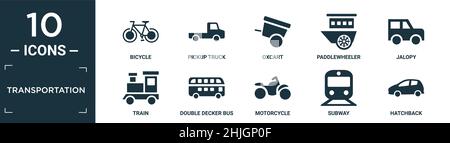 filled transportation icon set. contain flat bicycle, pickup truck, oxcart, paddlewheeler, jalopy, train, double decker bus, motorcycle, subway, hatch Stock Vector