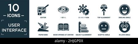 filled user interface icon set. contain flat editor, visual, gear option, top alignment, smiling smile, paper bird, book opened at center, object alig Stock Vector