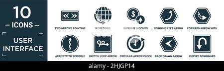 filled user interface icon set. contain flat two arrows pointing right and left, worldgrid, improve incomes, spinning left arrow, forward arrow with b Stock Vector