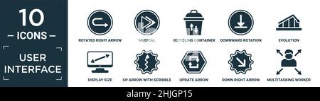 filled user interface icon set. contain flat rotated right arrow, musical, recycling container, downward rotation, evolution, display size, up arrow w Stock Vector
