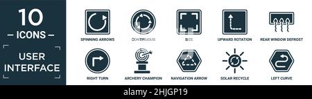 filled user interface icon set. contain flat spinning arrows, continuous, size, upward rotation with broken line, rear window defrost, right turn, arc Stock Vector