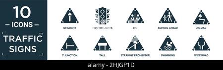 filled traffic signs icon set. contain flat straight, traffic lights, wc, school ahead, zig zag, t junction, tall, straight prohibitor no entry, swimm Stock Vector