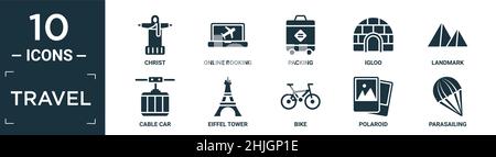 filled travel icon set. contain flat christ, online booking, packing, igloo, landmark, cable car, eiffel tower, bike, polaroid, parasailing icons in e Stock Vector