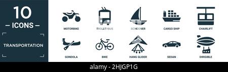 filled transportation icon set. contain flat motorbike, trolleybus, schooner, cargo ship, chairlift, gondola, bike, hang glider, sedan, dirigible icon Stock Vector