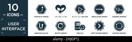 filled user interface icon set. contain flat curved up arrow with broken line, ecologic heart, movie play button, undulating arrow, scribble broken li Stock Vector