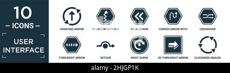 filled user interface icon set. contain flat updating arrow, up arrow with ray tracing, back arrow, curved with broken line, crossover, turn right wit Stock Vector