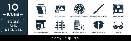 filled tools and utensils icon set. contain flat shear, edit picture, orientation compass, eyes makeup pencils, basic square, house on wheels, hanging Stock Vector