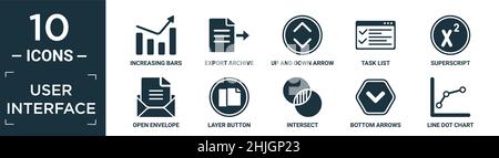 filled user interface icon set. contain flat increasing bars graphic, export archive, up and down arrow, task list, superscript, open envelope, layer Stock Vector
