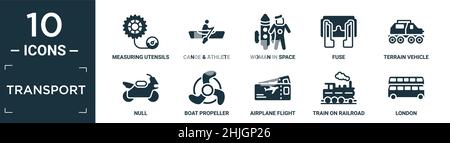 filled transport icon set. contain flat measuring utensils, canoe & athlete, woman in space, fuse, terrain vehicle, null, boat propeller, airplane fli Stock Vector
