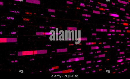 Abstract futuristic digital encrypted data, statistics monitor display. Animation. Flowing pink and red rectangles with random numbers, seamless loop Stock Photo