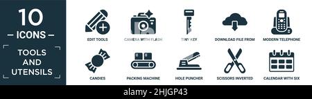 filled tools and utensils icon set. contain flat edit tools, camera with flash, tiny key, download file from cloud, modern telephone, candies, packing Stock Vector