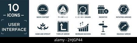 filled user interface icon set. contain flat move content, triangular, clockwise drawn arrow, incentive, rotating arrows, hand and sprout, turn up arr Stock Vector