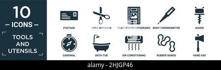 filled tools and utensils icon set. contain flat postage, open scissors, film strip photograms, body thermometer, auger, cardinal, bath tub, air condi Stock Vector