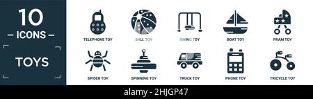 filled toys icon set. contain flat telephone toy, ball toy, swing toy, boat pram spider spinning truck phone tricycle icons in editable format. Stock Vector