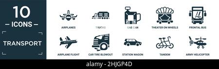 filled transport icon set. contain flat airplanes, trucks, gas can, theater on wheels, frontal bus, airplane flight, car tire blowout, station wagon, Stock Vector