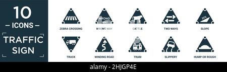 filled traffic sign icon set. contain flat zebra crossing, wrong way, cattle, two ways, slope, truck, winding road, tram, slippery, hump or rough icon Stock Vector