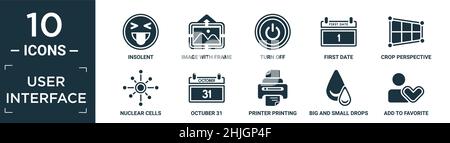 filled user interface icon set. contain flat insolent, image with frame, turn off, first date, crop perspective, nuclear cells, octuber 31, printer pr Stock Vector