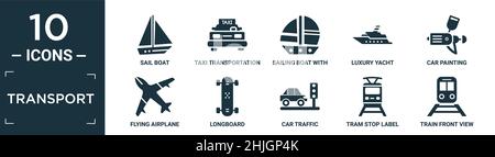 filled transport icon set. contain flat sail boat, taxi transportation car from frontal view, sailing boat with veils, luxury yacht, car painting, fly Stock Vector