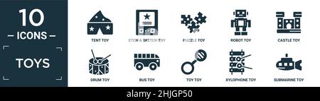 filled toys icon set. contain flat tent toy, etch a sketch toy, puzzle toy, robot castle drum bus xylophone submarine icons in editable format. Stock Vector