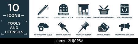 filled tools and utensils icon set. contain flat writing tool, sewing thimble black variant, sound wave bars, empty shopping basket, top load washer, Stock Vector