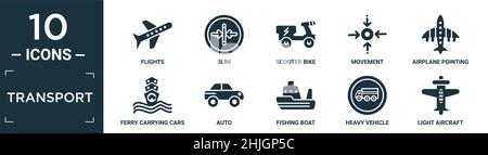 filled transport icon set. contain flat flights, slim, scooter bike, movement, airplane pointing up, ferry carrying cars, auto, fishing boat, heavy ve Stock Vector