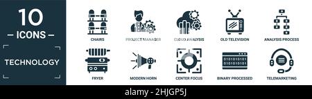 filled technology icon set. contain flat chairs, project manager, cloud analysis, old television, analysis process, fryer, modern horn, center focus, Stock Vector