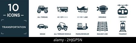 filled transportation icon set. contain flat all terrain, modern bus, hydroplane, dirigible, chairlift, sedan, all terrain vehicle, paddlewheeler, rai Stock Vector