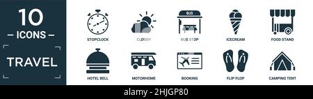 filled travel icon set. contain flat stopclock, cloudy, bus stop, icecream, food stand, hotel bell, motorhome, booking, flip flop, camping tent icons Stock Vector