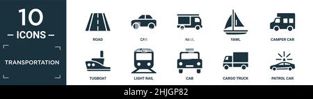 filled transportation icon set. contain flat road, car, haul, yawl, camper car, tugboat, light rail, cab, cargo truck, patrol car icons in editable fo Stock Vector