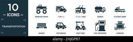filled transportation icon set. contain flat monster truck, minivan, trolleybus, tanker, flatbed lorry, wagon, hatchback, golf cart, fuel dispenser, c Stock Vector
