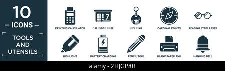 filled tools and utensils icon set. contain flat printing calculator, calendar page, key ring, cardinal points, reading eyeglasses, highlight, battery Stock Vector