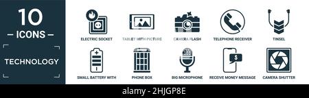 filled technology icon set. contain flat electric socket on fire, tablet with picture, camera flash, telephone receiver, tinsel, small battery with me Stock Vector
