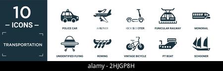 filled transportation icon set. contain flat police car, airliner, kick scooter, funicular railway, monorail, unidentified flying object, rowing, vint Stock Vector