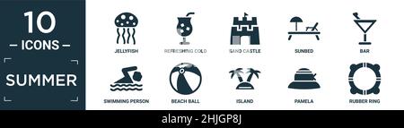 filled summer icon set. contain flat jellyfish, refreshing cold drink, sand castle, sunbed, bar, swimming person, beach ball, island, pamela, rubber r Stock Vector