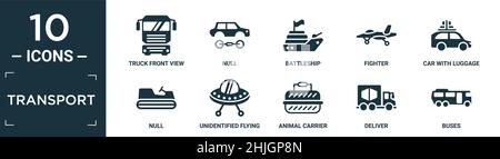 filled transport icon set. contain flat truck front view, null, battleship, fighter, car with luggage, null, unidentified flying, animal carrier, deli Stock Vector