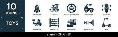 filled toys icon set. contain flat rocket toy, train toy, steering wheel toy, ride on skate digger abacus blocks trumpet null icons in editable format Stock Vector