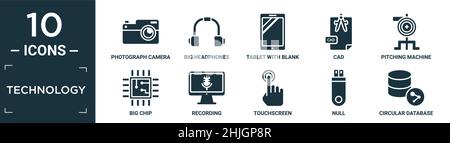 filled technology icon set. contain flat photograph camera, big headphones, tablet with blank screen, cad, pitching machine, big chip, recording, touc Stock Vector
