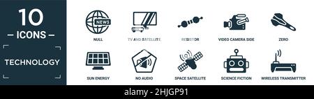 filled technology icon set. contain flat null, tv and satellite, resistor, video camera side view, zero, sun energy, no audio, space satellite, scienc Stock Vector