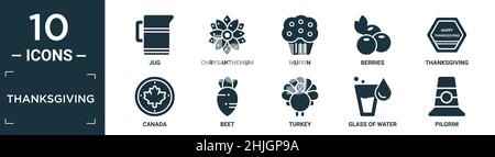filled thanksgiving icon set. contain flat jug, chrysanthemum, muffin, berries, thanksgiving, canada, beet, turkey, glass of water, pilgrim icons in e Stock Vector