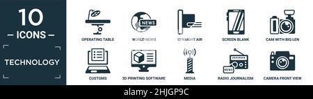filled technology icon set. contain flat operating table, world news, straight air, screen blank, cam with big len, customs, 3d printing software, med Stock Vector