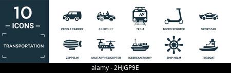 filled transportation icon set. contain flat people carrier, cabriolet, tram, micro scooter, sport car, zeppelin, military helicopter, icebreaker ship Stock Vector