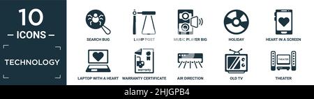 filled technology icon set. contain flat search bug, lamp post, music player big speaker, holiday, heart in a screen, laptop with a heart, warranty ce Stock Vector