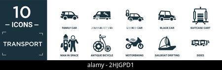 filled transport icon set. contain flat family car, journalist van, locked car, black car, suitcase cart, man in space, antique bicycle, motorbiking, Stock Vector