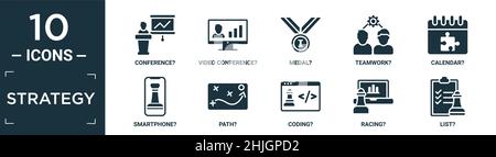 filled strategy icon set. contain flat conference?, video conference?, medal?, teamwork?, calendar?, smartphone?, path?, coding?, racing?, list? icons Stock Vector