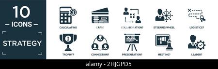 filled strategy icon set. contain flat calculating, card?, collaboration?, steering wheel, logistics?, trophy?, connection?, presentation?, meeting?, Stock Vector