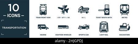 filled transportation icon set. contain flat tram front view, army airplane, haul, ticket booth with cross, metro, hearse, eighteen-wheeler, sports ca Stock Vector